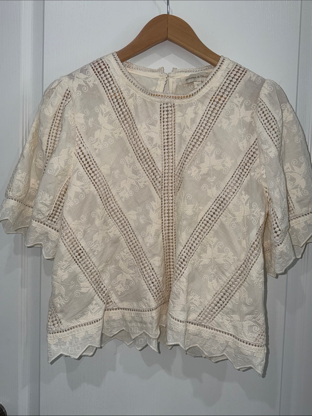 Jennifer & Grace Women’s Cream Lace Panel Blouse embroidered size large